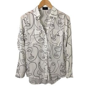 Milk & Honey Abstract Face Print Blouse Art to Wear Modern Black White XS